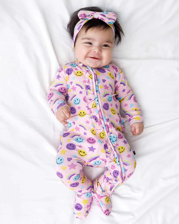 Smiley Rainbow Ruffled Zippered Footie – Bamboo Baby Sleeper