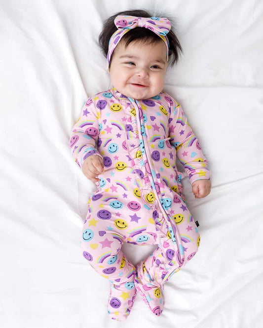 Smiley Rainbow Ruffled Zippered Footie – Bamboo Baby Sleeper