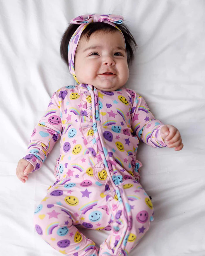 Smiley Rainbow Ruffled Zippered Footie – Bamboo Baby Sleeper