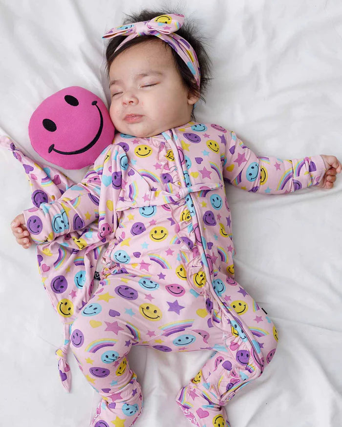 Smiley Rainbow Ruffled Zippered Footie – Bamboo Baby Sleeper