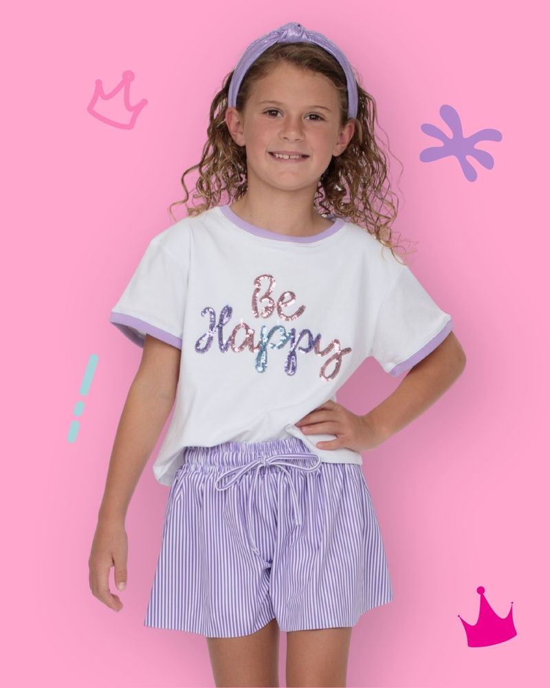 Azarhia Girls Sequin Be Happy White Boxy Tee | Boutique Graphic Shirt