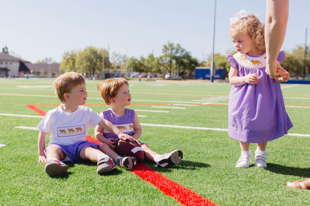 Boys Purple Tiger Smocked Jon Jon – LSU-Inspired Baby & Toddler Game Day Jon Jon | The Prissy Pelican Boutique Bossier City, LA