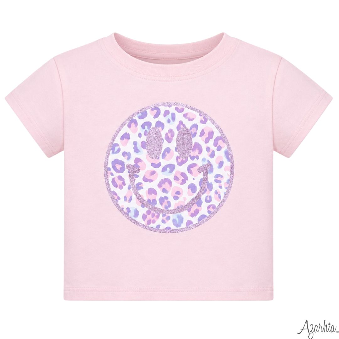 Azarhia Girls Glitter Leopard Smiley Pink Boxy Tee | Boutique Girls Graphic Shirt