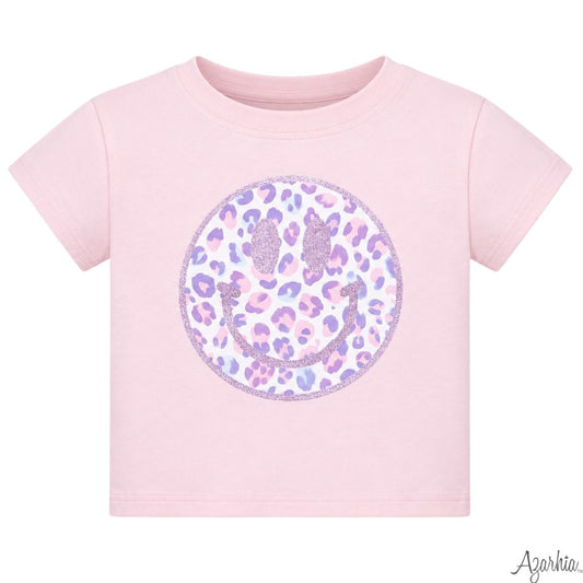 Azarhia Girls Glitter Leopard Smiley Pink Boxy Tee | Boutique Girls Graphic Shirt