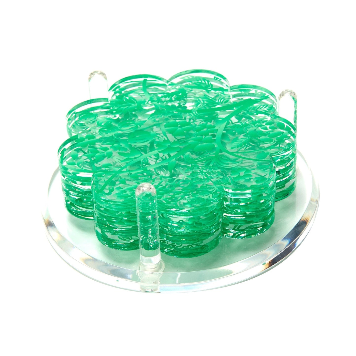 Green Toile Acrylic Scallop Drink Coasters