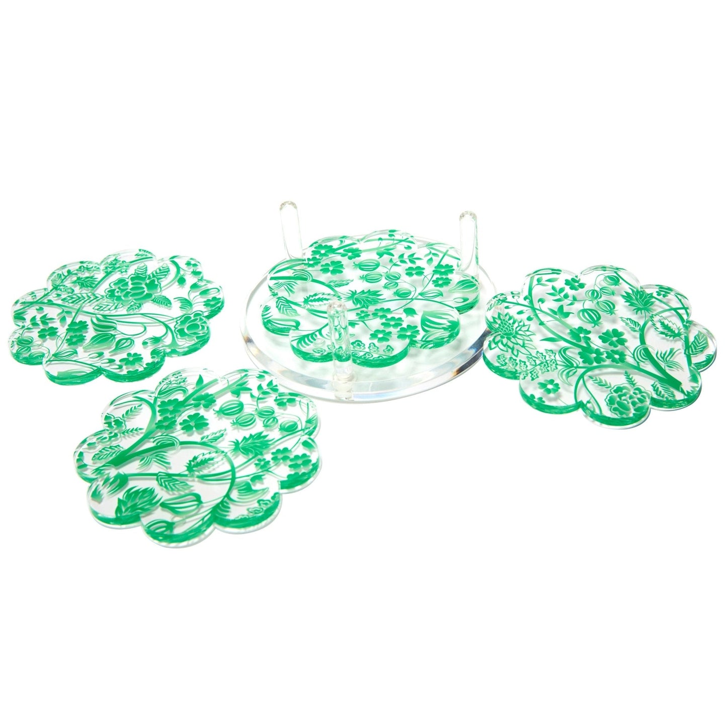 Green Toile Acrylic Scallop Drink Coasters