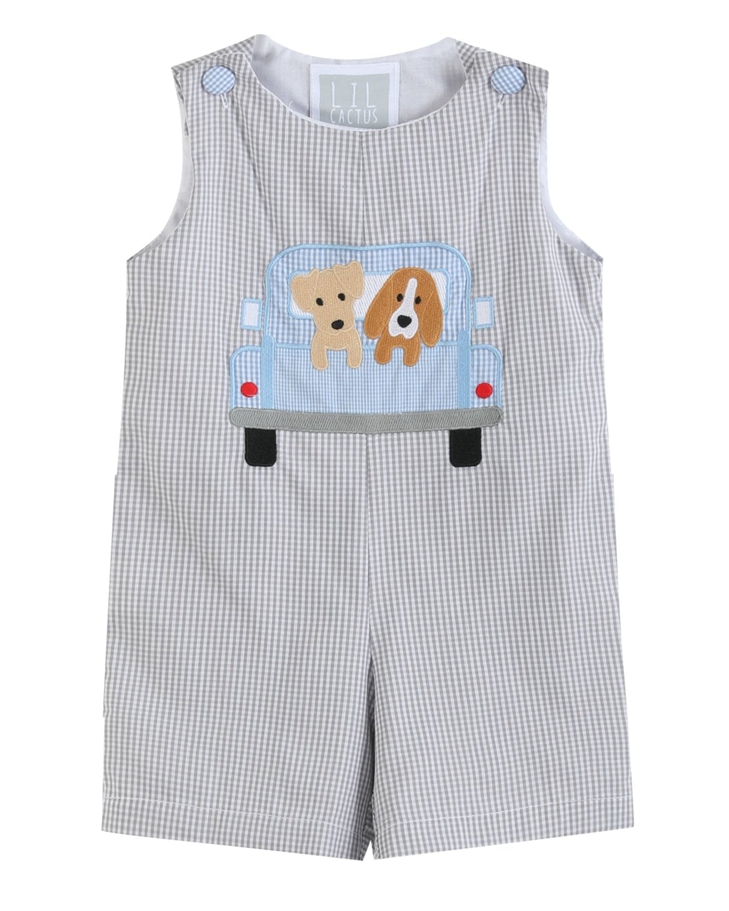 Grey Gingham Puppies in Truck Shortalls