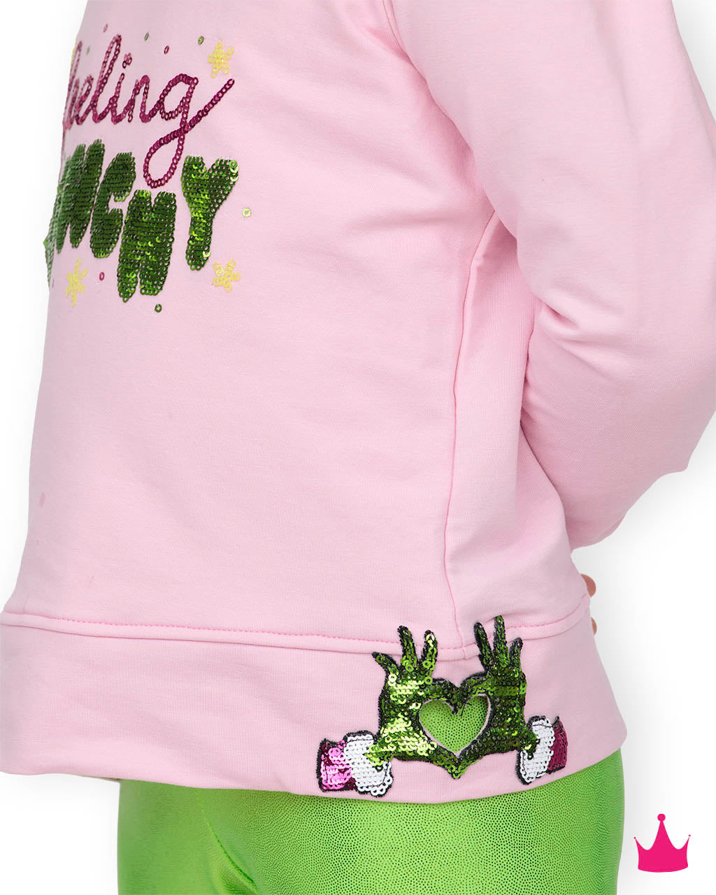 Azarhia Girls Feeling Grinchy Sequin Christmas Puff Sleeve Top – Pink