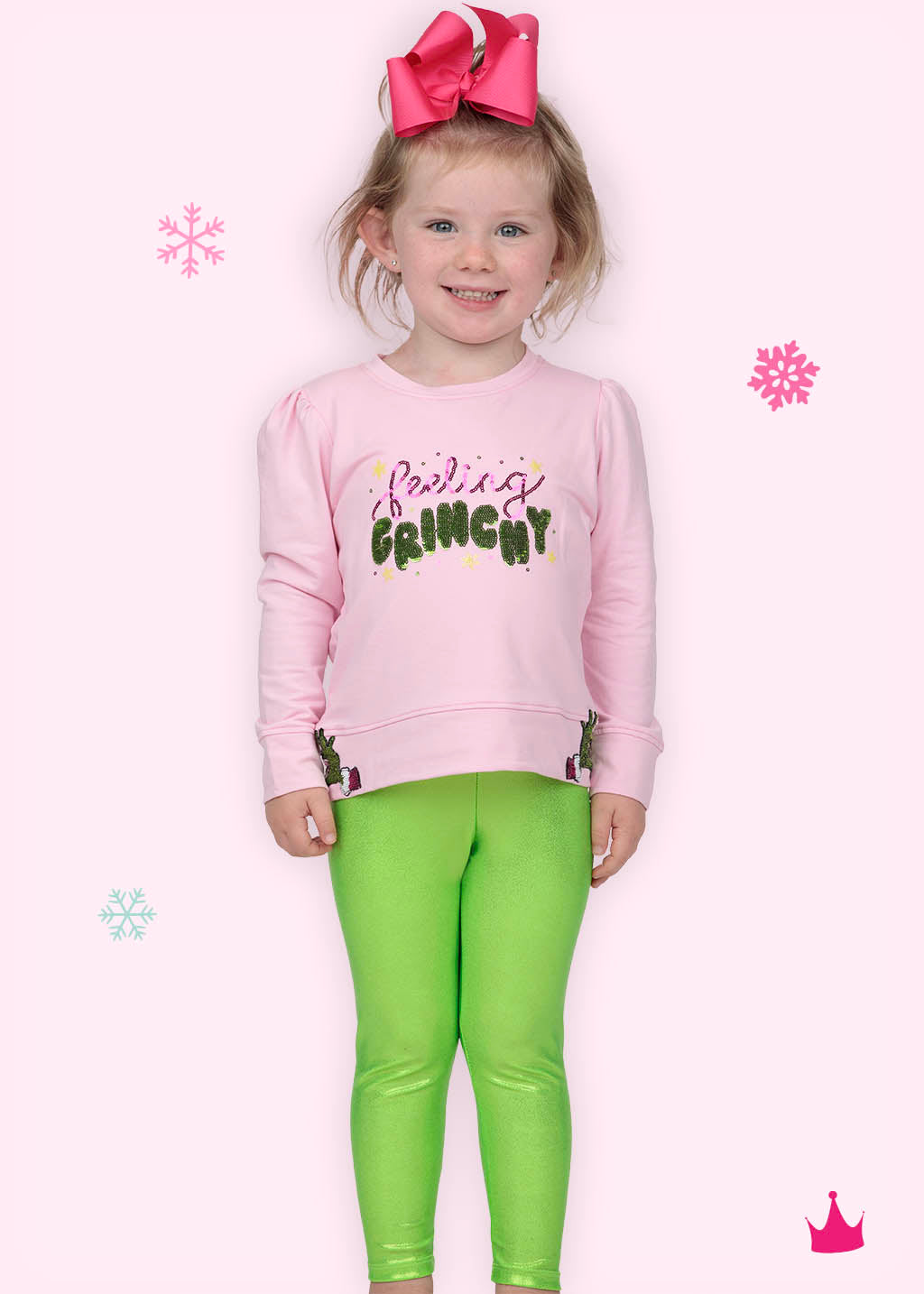 Azarhia Girls Feeling Grinchy Sequin Christmas Puff Sleeve Top – Pink