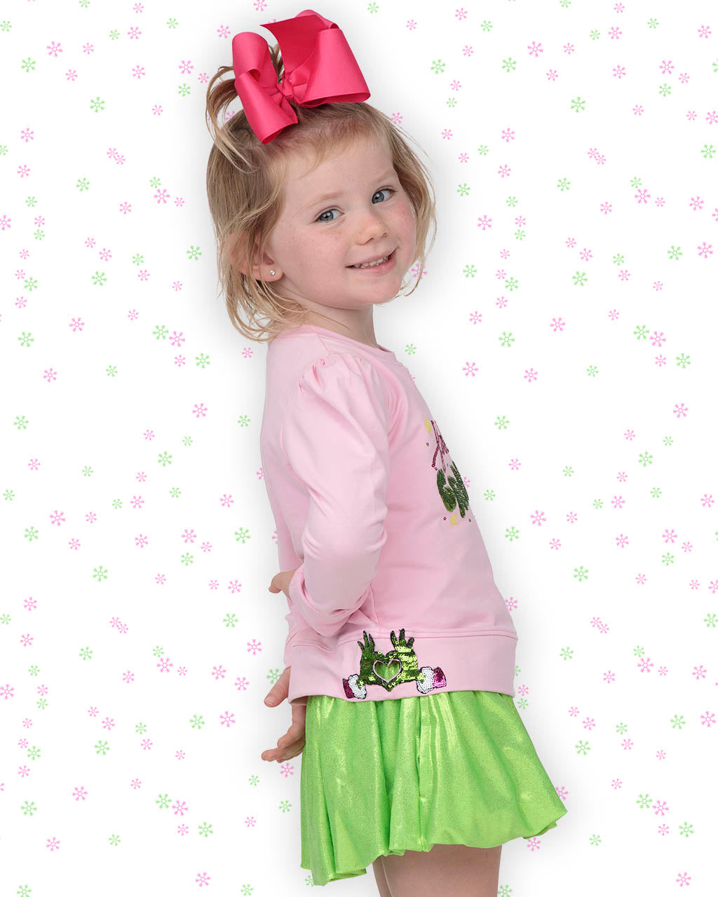 Azarhia Girls Feeling Grinchy Sequin Christmas Puff Sleeve Top – Pink