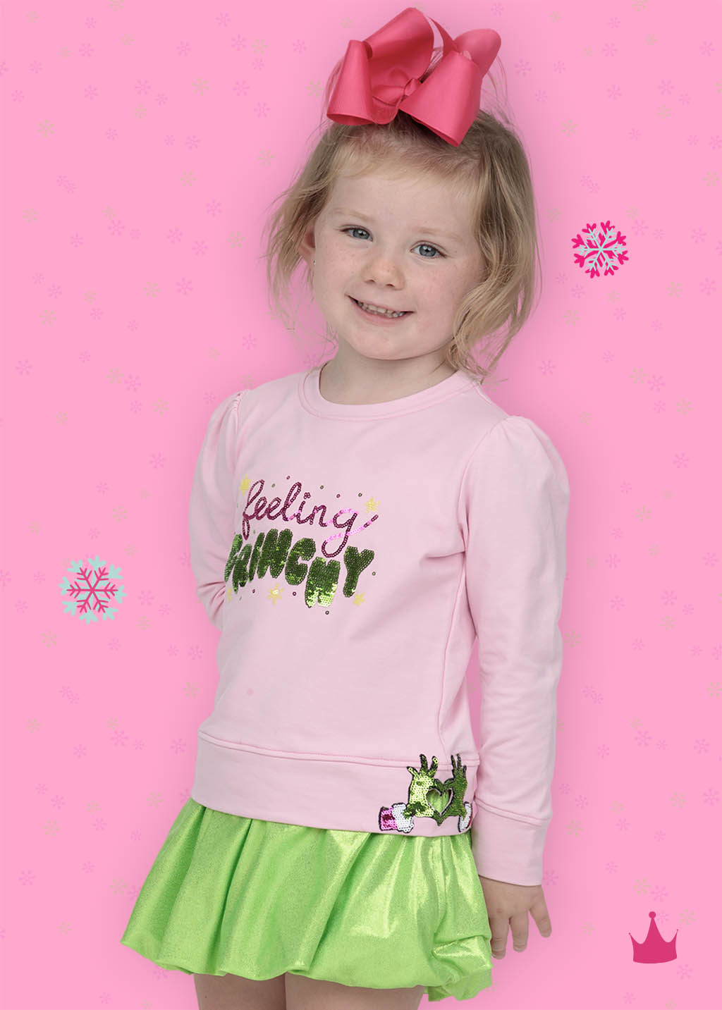 Azarhia Girls Feeling Grinchy Sequin Christmas Puff Sleeve Top – Pink
