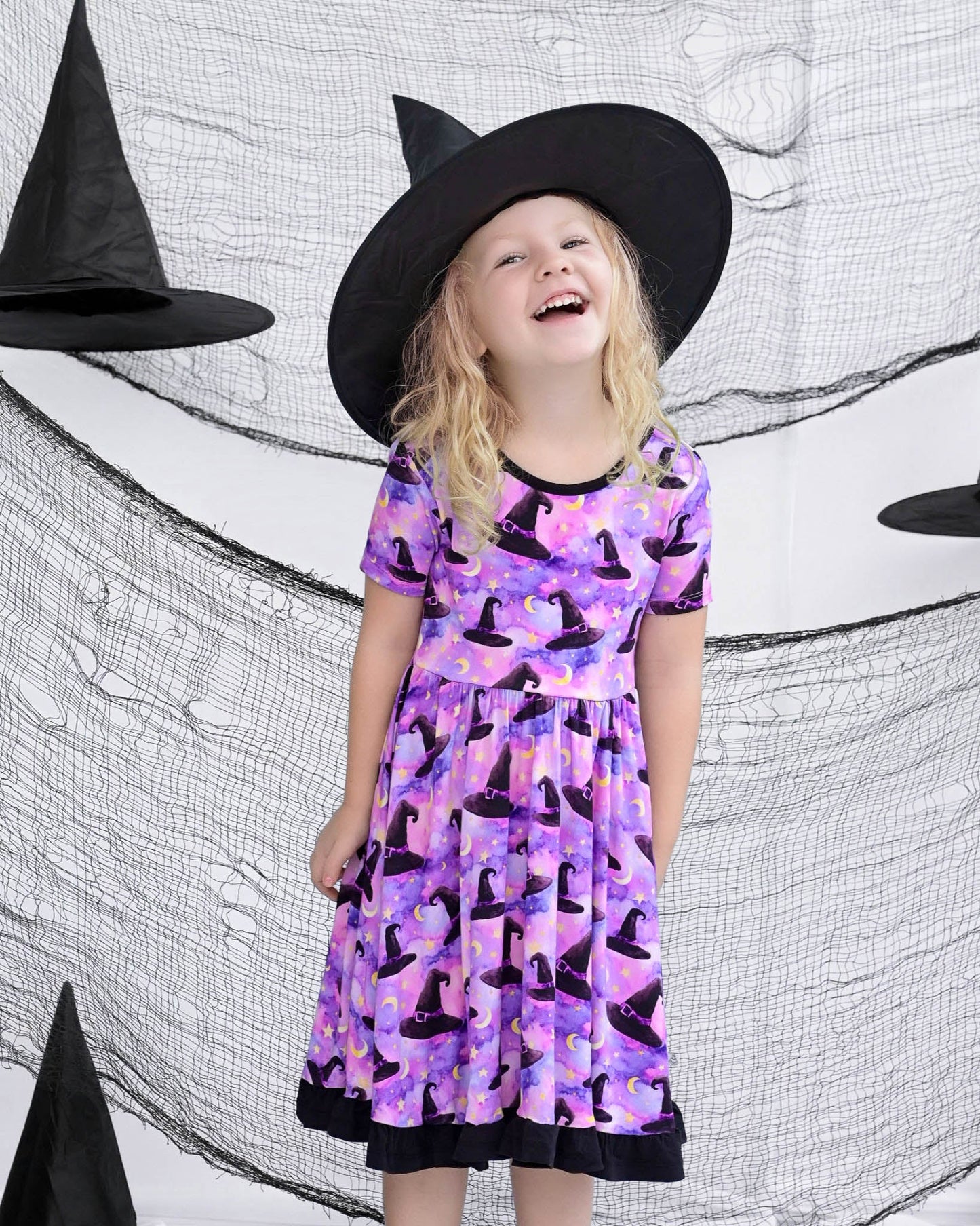 Halloween | Starry Witch Hats | Bamboo Ruffle Twirl Dress
