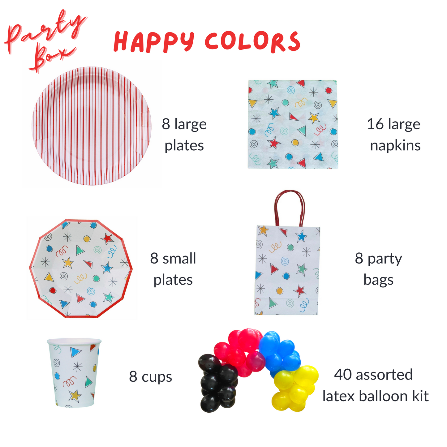 Colorful Kids Birthday Party Supplies Kit – Happy Colors | Plates, Cups, Napkins | Party in a Box