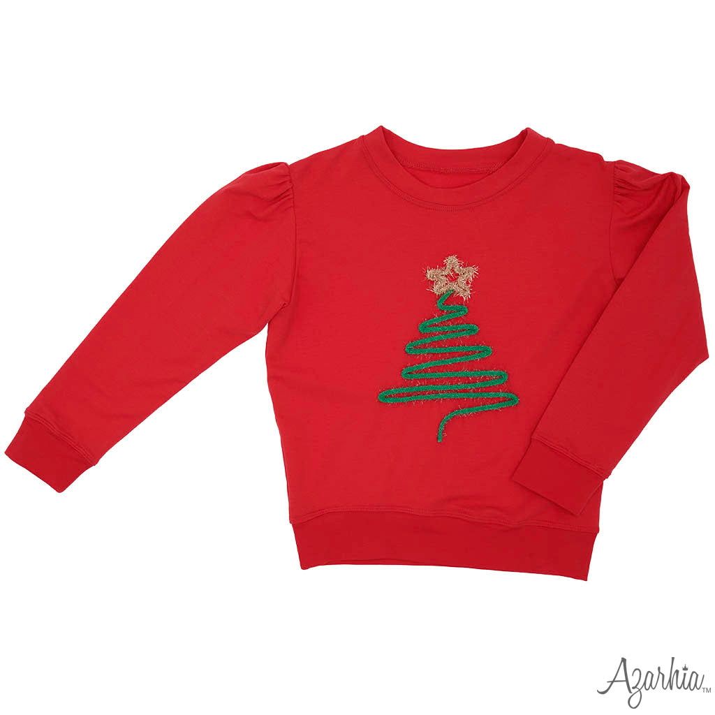 Tinsel Christmas Tree Sweatshirt – Red Holiday Top for Girls