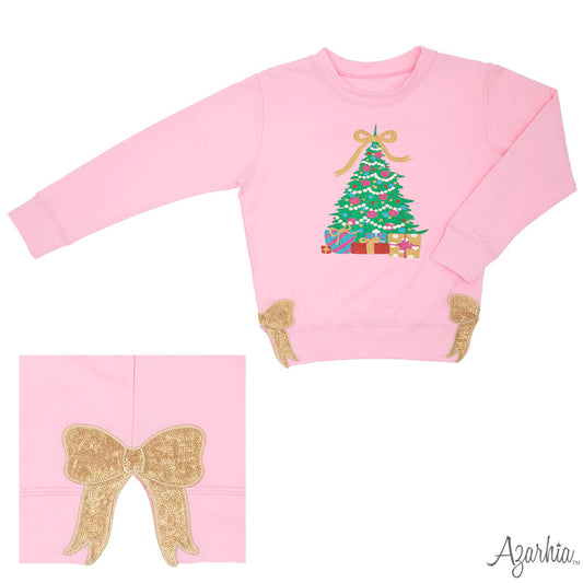 Glitter Christmas Tree Sweatshirt – Pink Holiday Top with Gold Bows