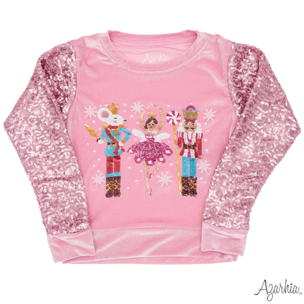Nutcracker Sequin Sleeve Sweatshirt – Pink Velvet Christmas Top for Girls