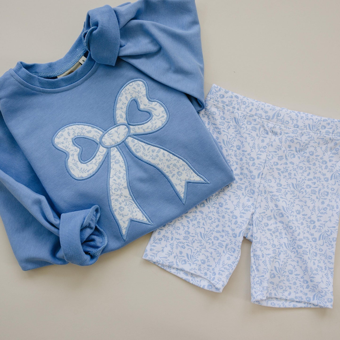 Blue Toile Applique Bow: Baby Sweatshirt Romper or Crewneck