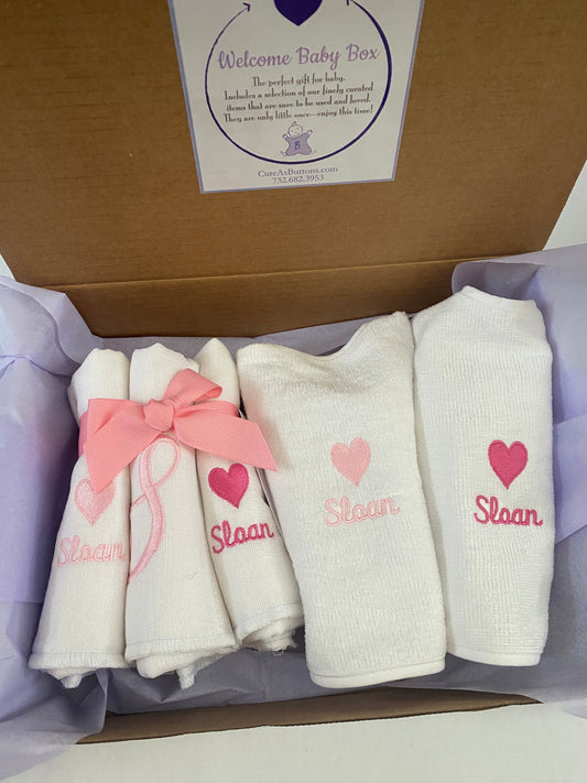 Monogrammed bib and burp Welcome Baby Box-Girl