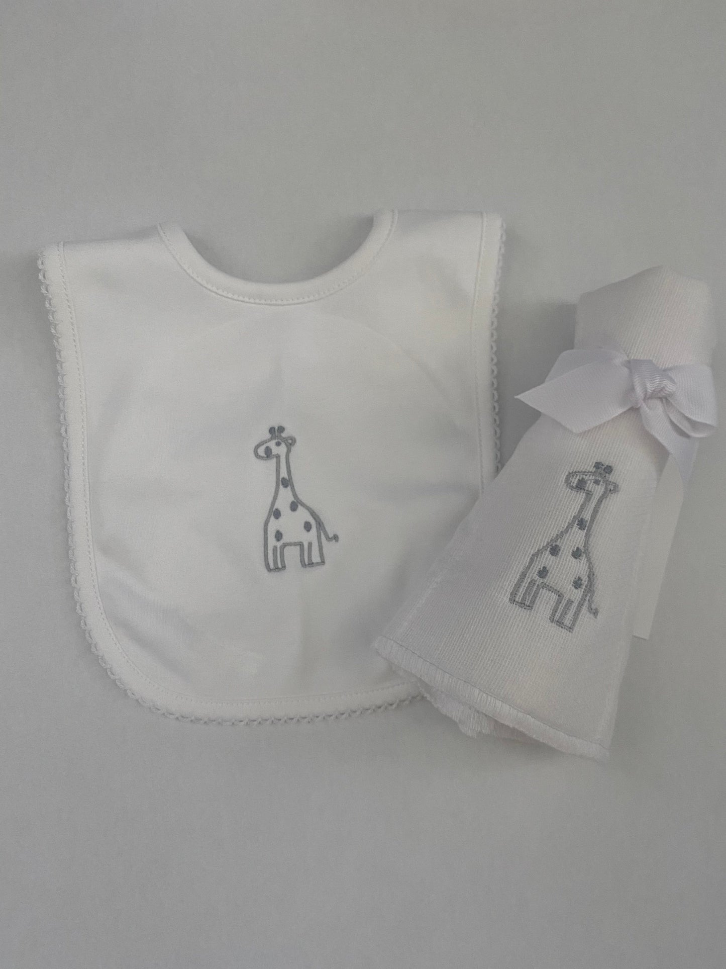 Gray Giraffe Pima Bib and Diaper Burp Cloth Set