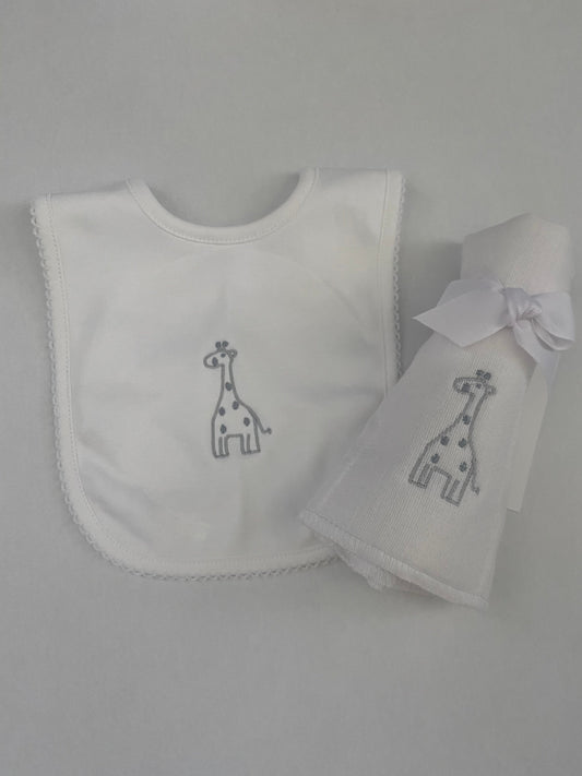 Gray Giraffe Pima Bib and Diaper Burp Cloth Set