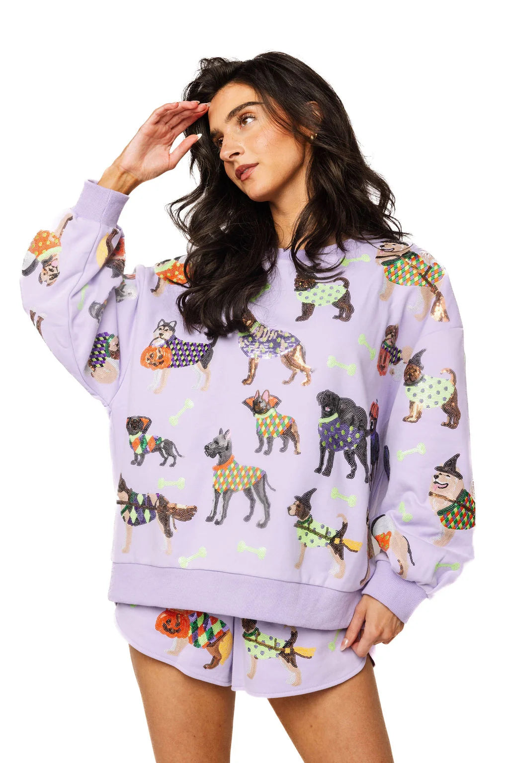 Queen of Sparkles Lavender Halloween Dogs Sequin Sweatshirt