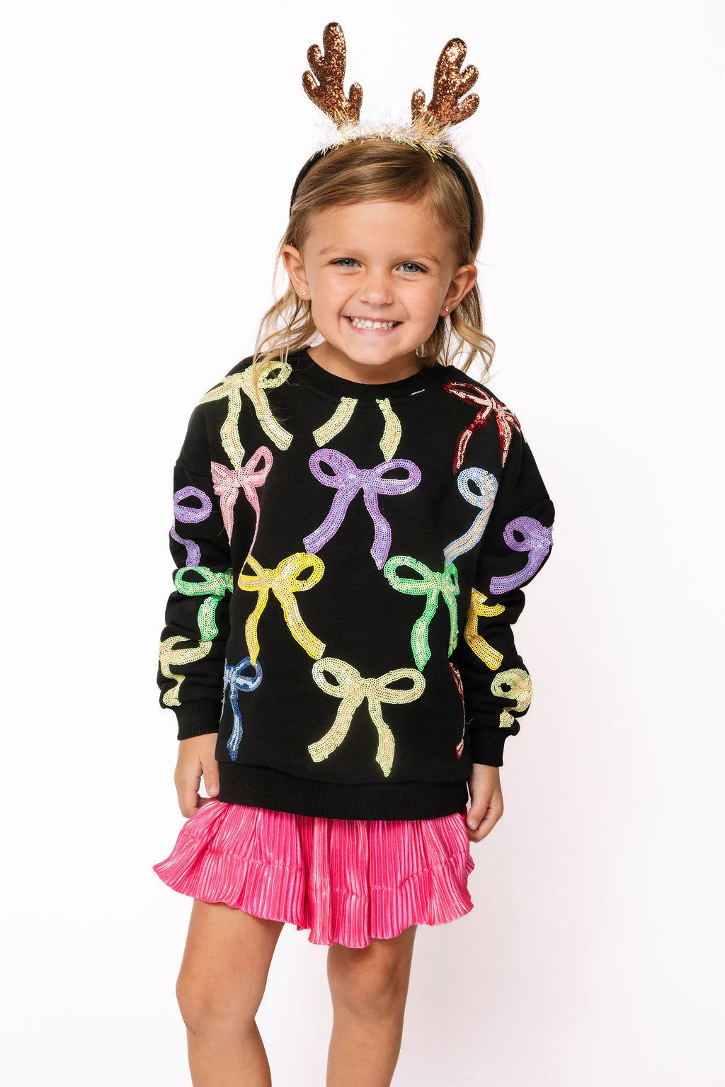 Queen of Sparkles Black Multi Bow Sweatshirt | Sequin Rainbow Bow Top | Kids