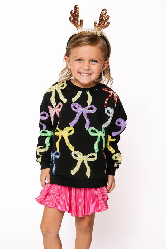Queen of Sparkles Black Multi Bow Sweatshirt | Sequin Rainbow Bow Top | Kids