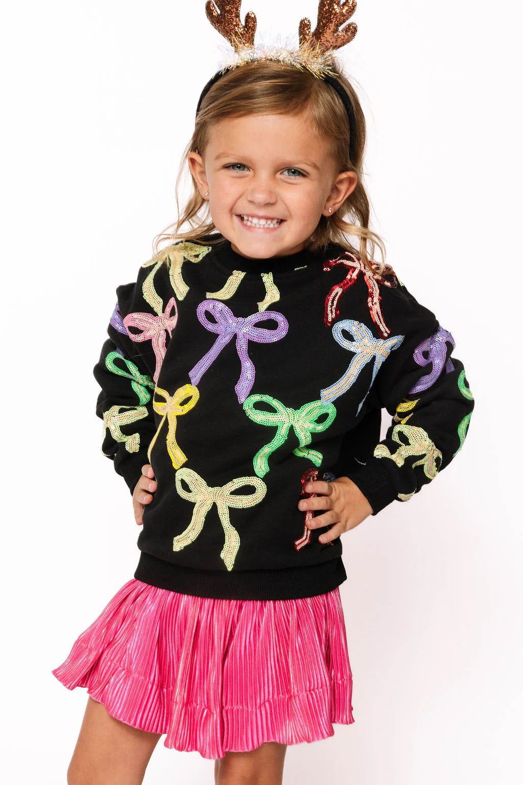 Queen of Sparkles Black Multi Bow Sweatshirt | Sequin Rainbow Bow Top | Kids
