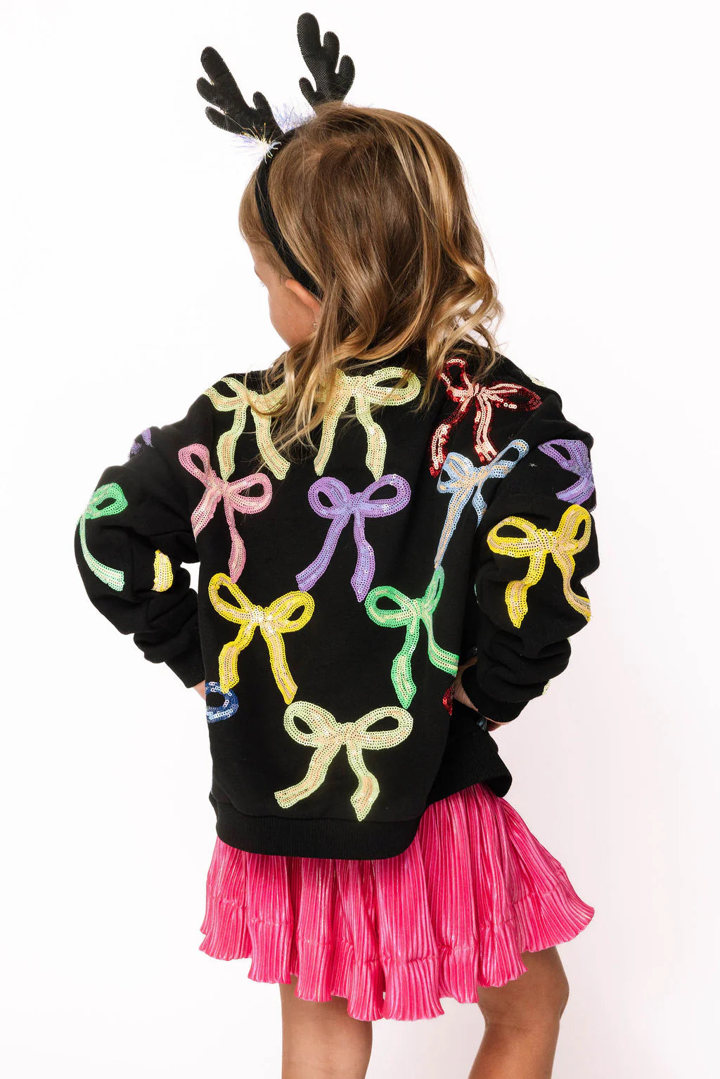 Queen of Sparkles Black Multi Bow Sweatshirt | Sequin Rainbow Bow Top | Kids