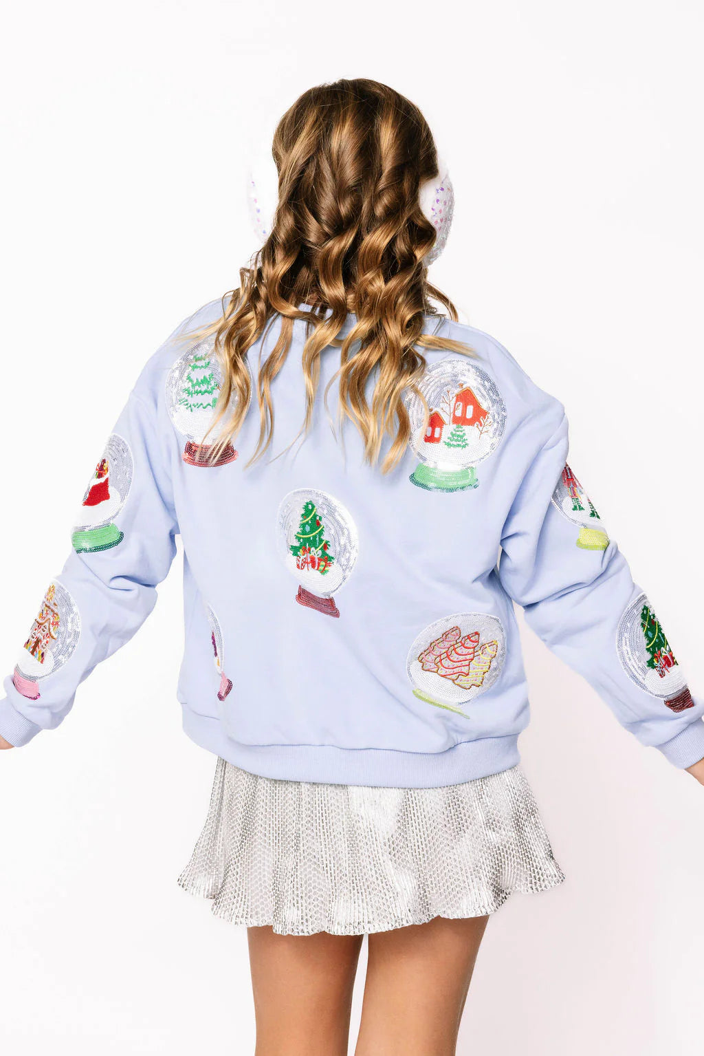 Queen of Sparkles Powder Blue Sequin Christmas Snow Globe Sweatshirt – Kids