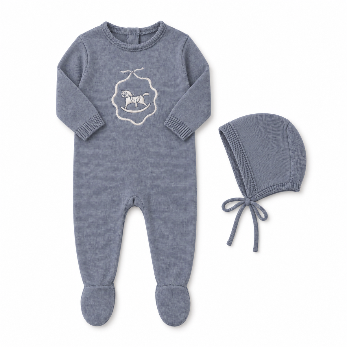 Knit Collection Embroidered Blue Footie/bonnet