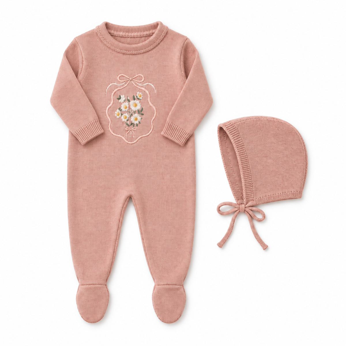 Knit Collection Embroidered Pink Footie/bonnet