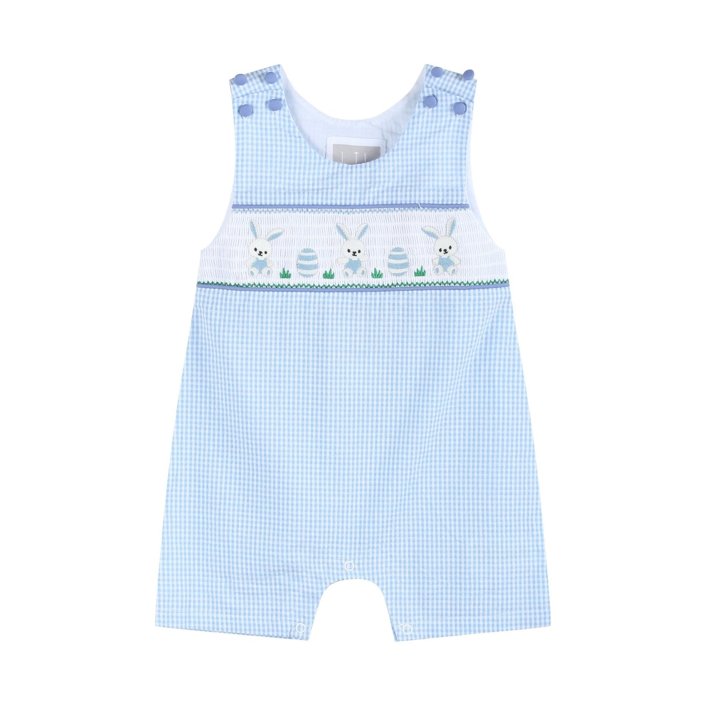 Light Blue Gingham Egg and Bunnies Smocked Shortall