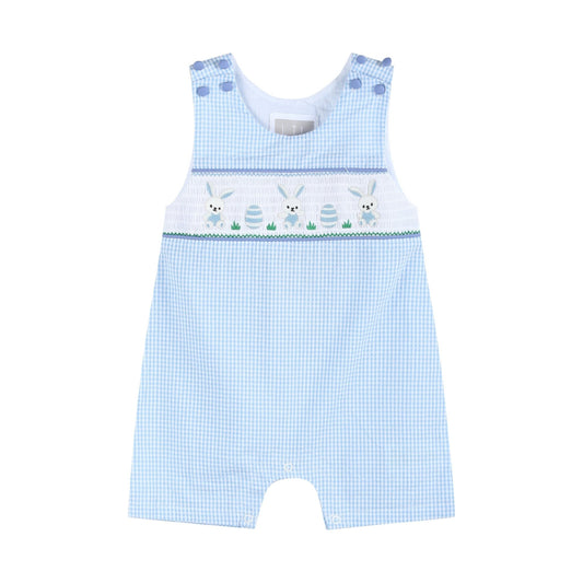 Light Blue Gingham Egg and Bunnies Smocked Shortall