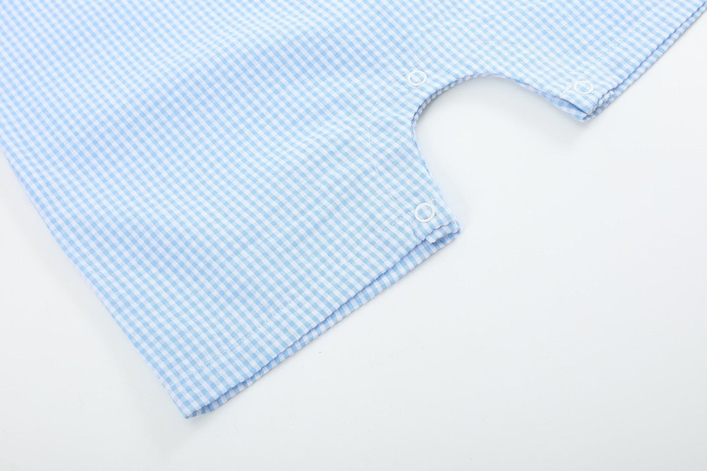 Light Blue Gingham Egg and Bunnies Smocked Shortall