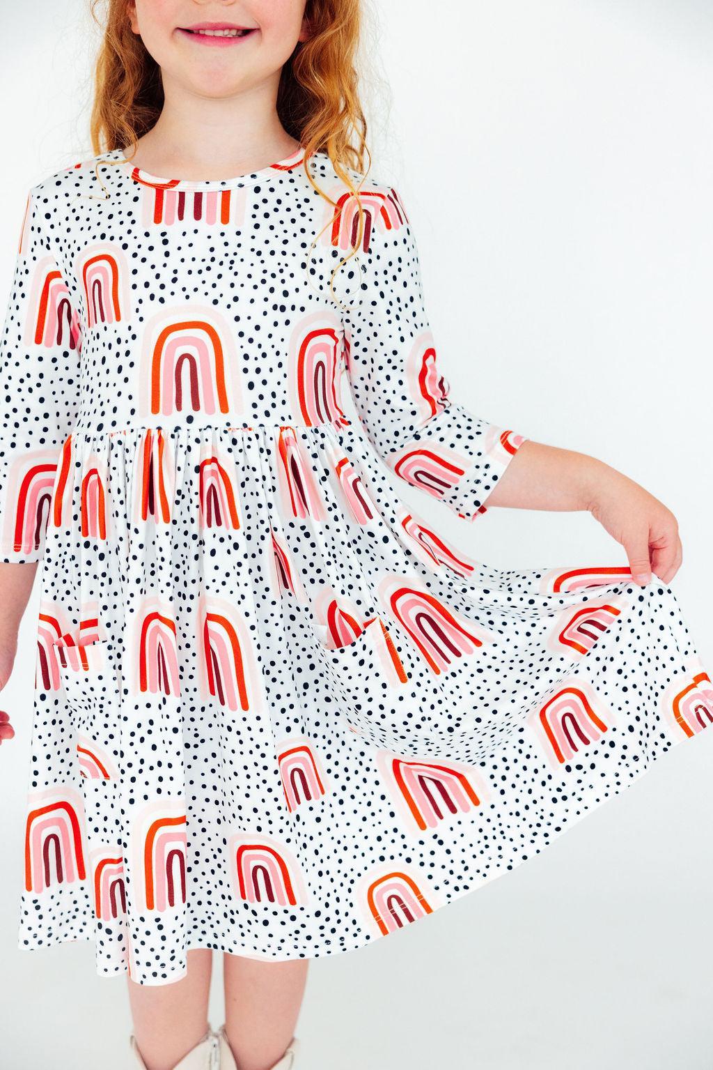 Peach Rainbow 3/4 Sleeve Pocket Twirl Dress