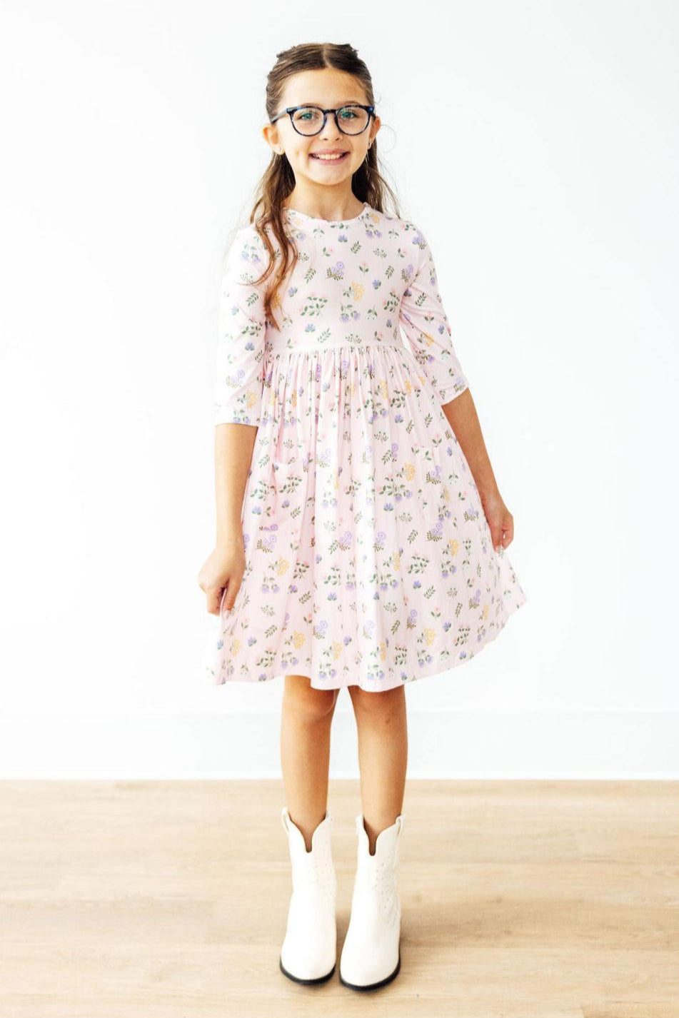 Pastel Petals 3/4 Sleeve Pocket Twirl Dress