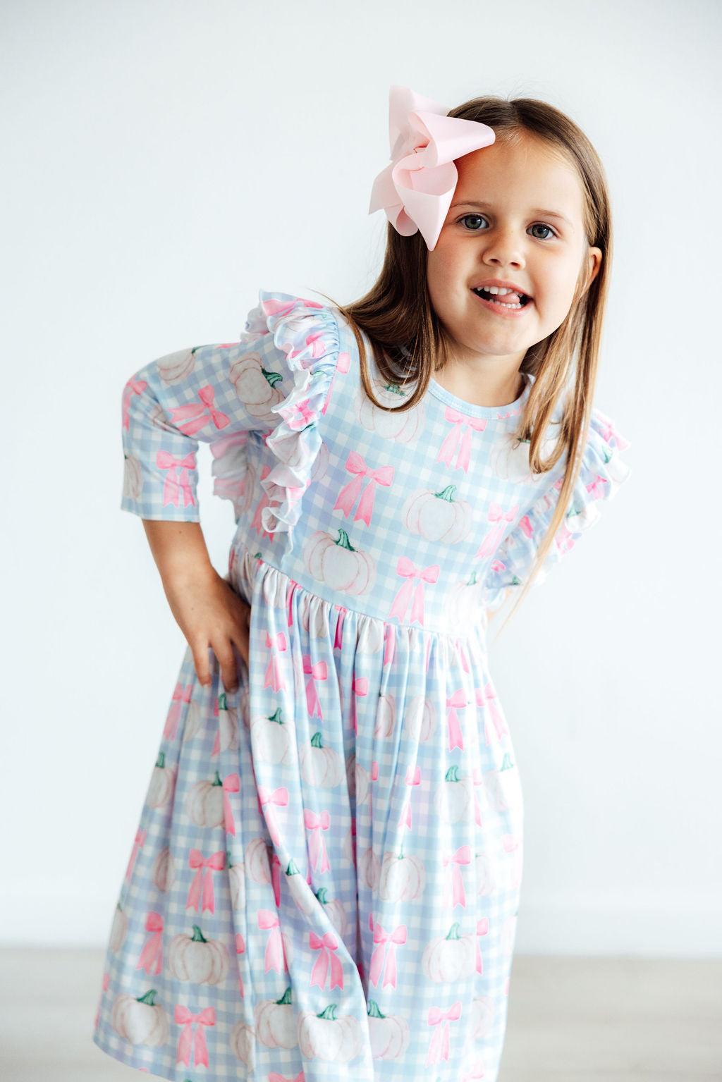 Pumpkin Picnic 3/4 Sleeve Ruffle Twirl Dress