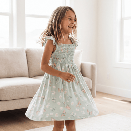 Mint Butterfly Daisy Bamboo Smocked Vintage Dress
