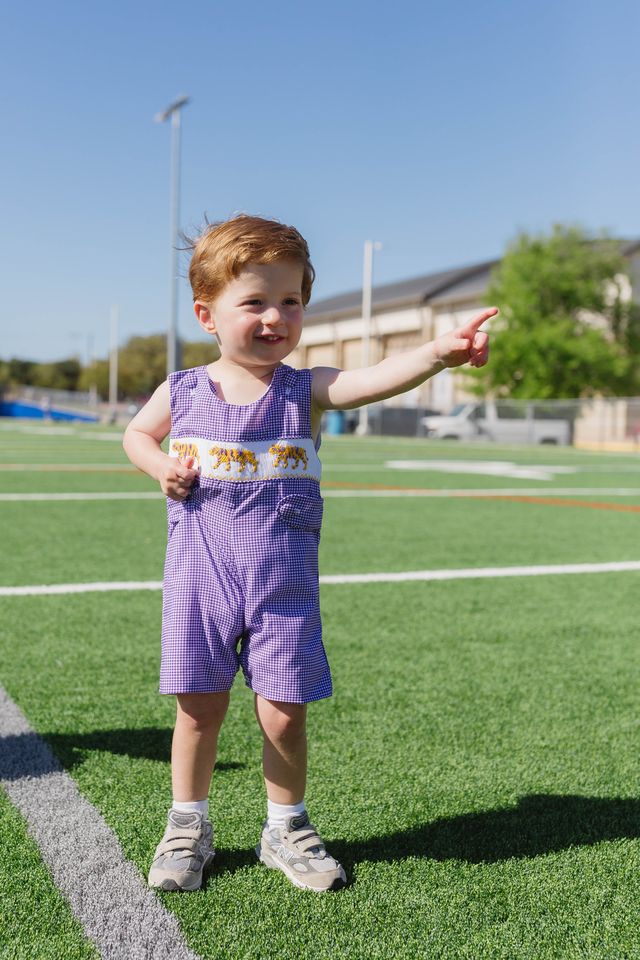 Boys Purple Tiger Smocked Jon Jon – LSU-Inspired Baby & Toddler Game Day Jon Jon | The Prissy Pelican Boutique Bossier City, LA