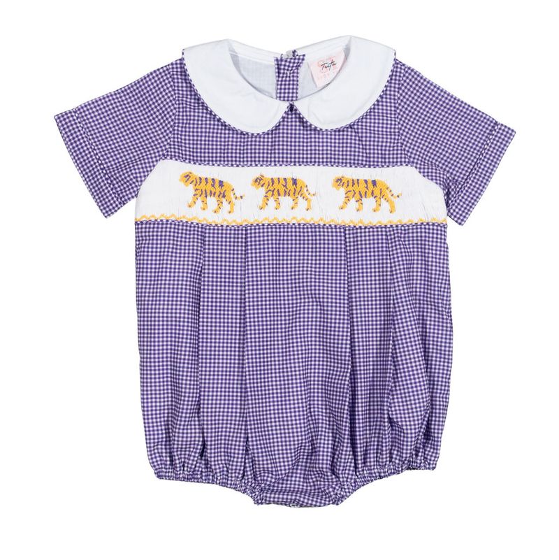 Boys Purple Tiger Smocked Bubble – LSU-Inspired Baby Boy Game Day Bubble | The Prissy Pelican Boutique Bossier City, LA