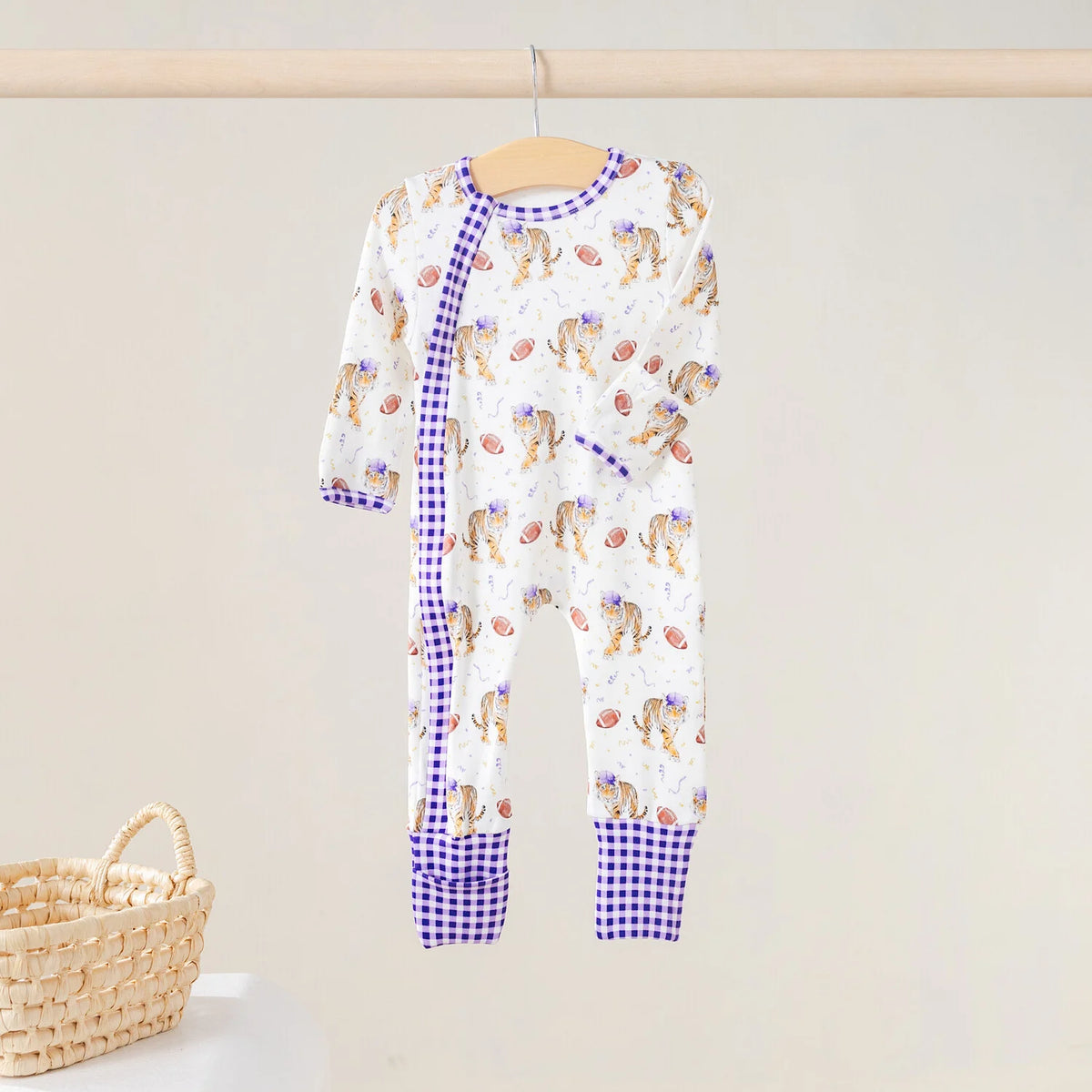 Kickoff in Louisiana Organic Cotton Kids Pajamas – Purple & Gold Football Print