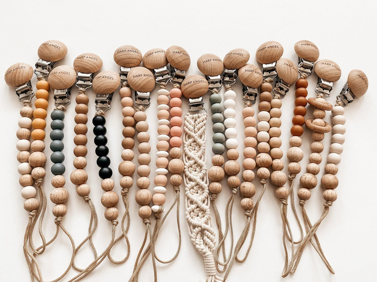 Macrame Pacifier Clip with Natural Wood Beads