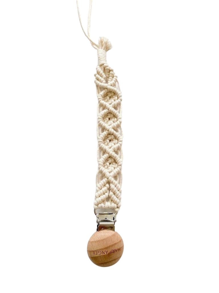 Macrame Pacifier Clip with Natural Wood Beads