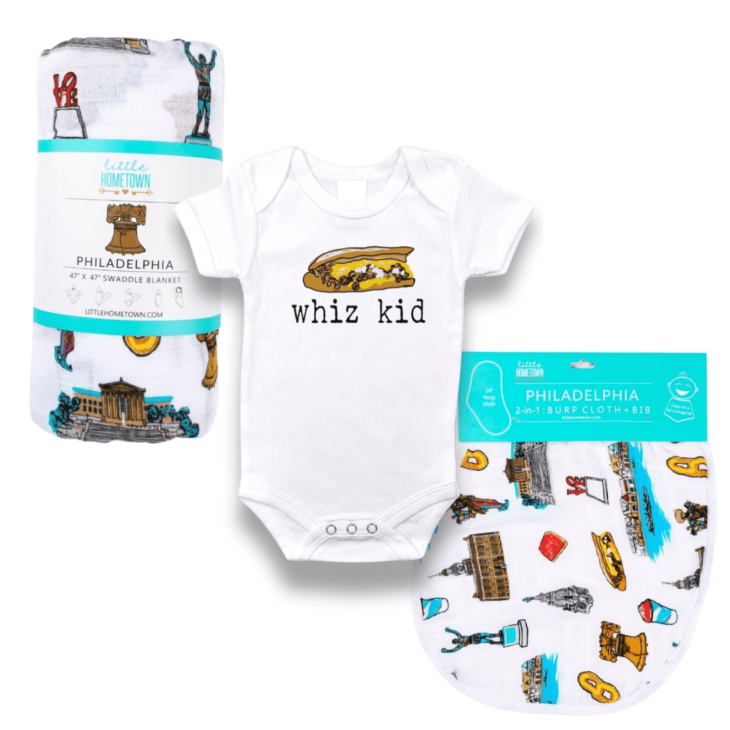Philadelphia Baby (Whiz Kid) Gift Bundle Swaddle, Bib, and Onesie