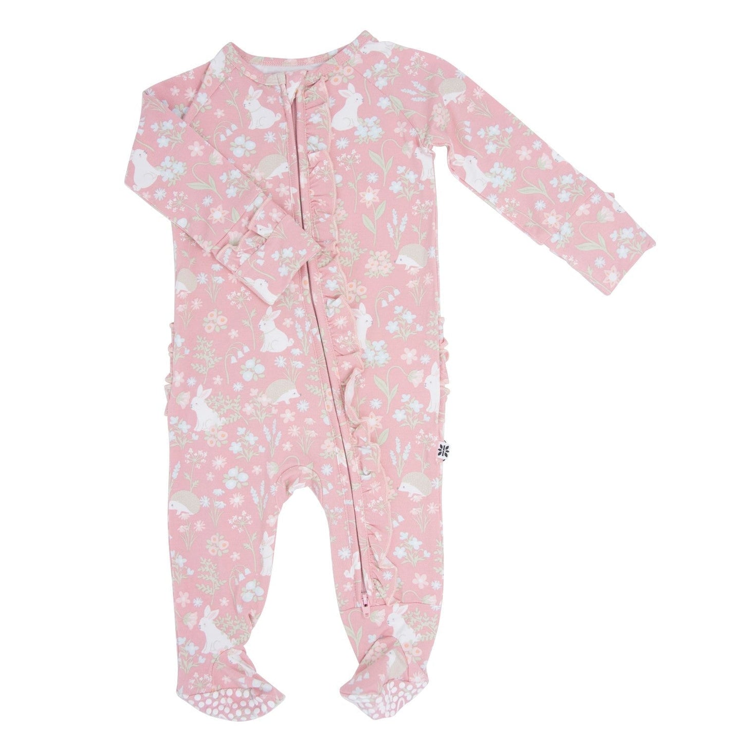 Pink Bunny Floral Baby Ruffle Footie