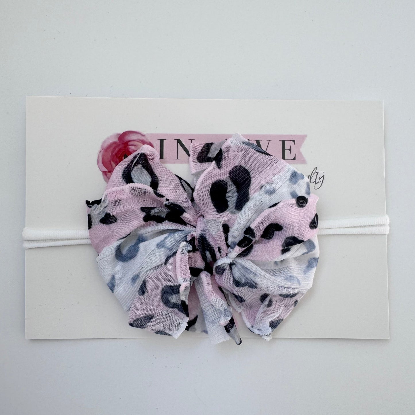 Pink Leopard | Skinny Mini Nylon Ruffled Baby Headband