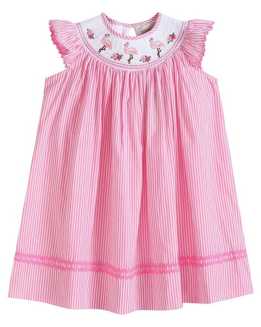 Pink Striped Flamingo Smocked Bishop Dress