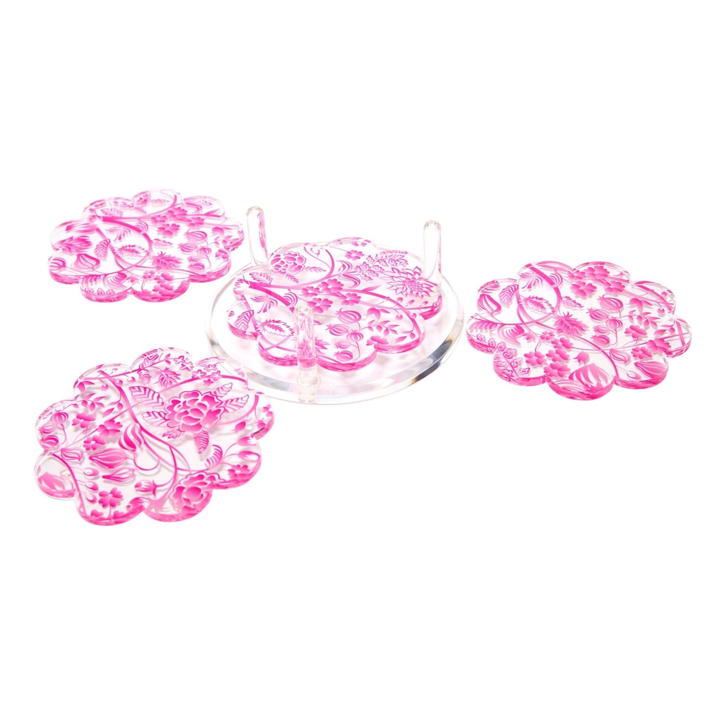 Pink Toile Acrylic Scallop Drink Coasters