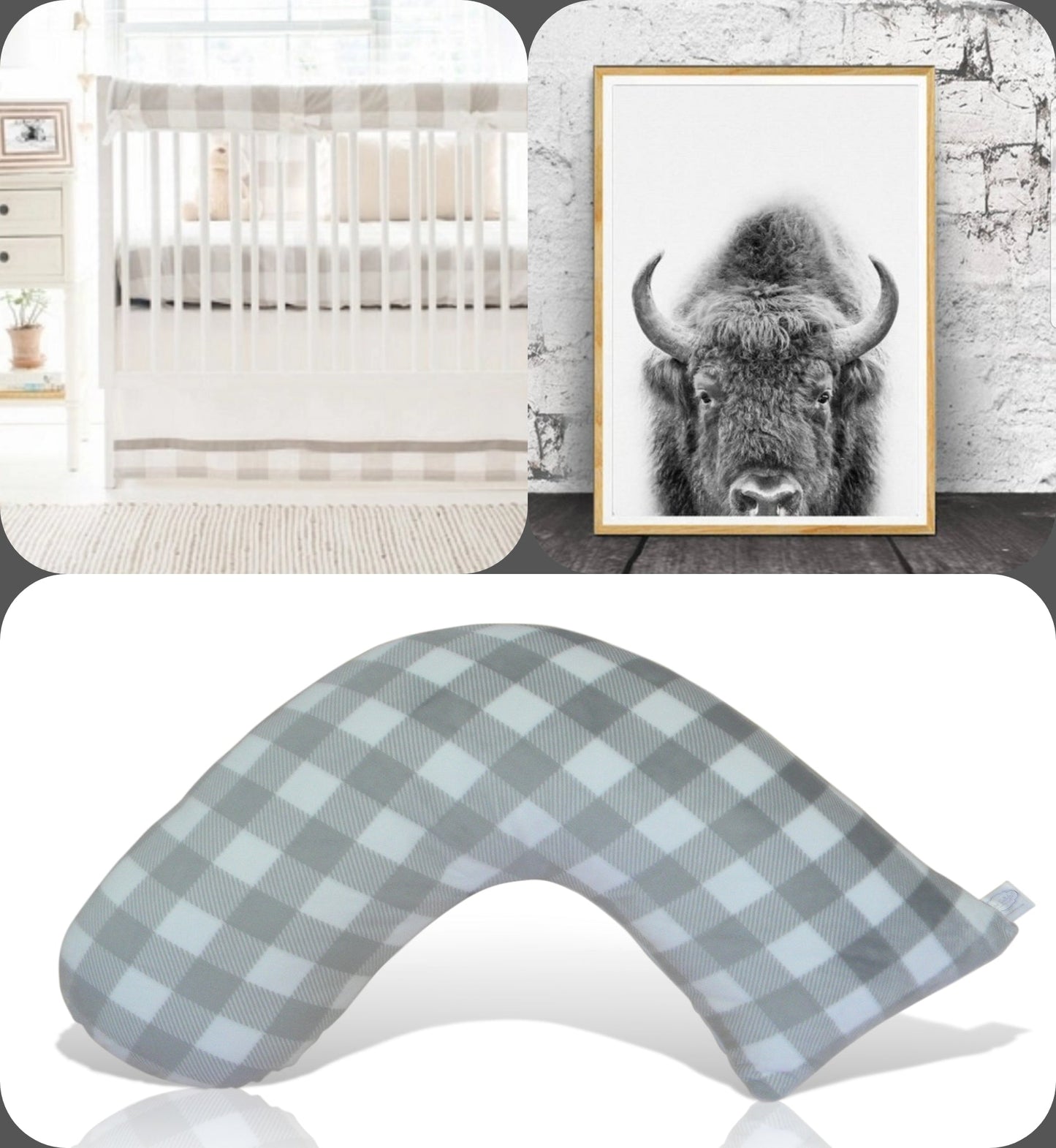 Award-Winning Nursing Pillow - Grey & White Buffalo Check Design | Ergonomic Breastfeeding Support | Luna Lullaby